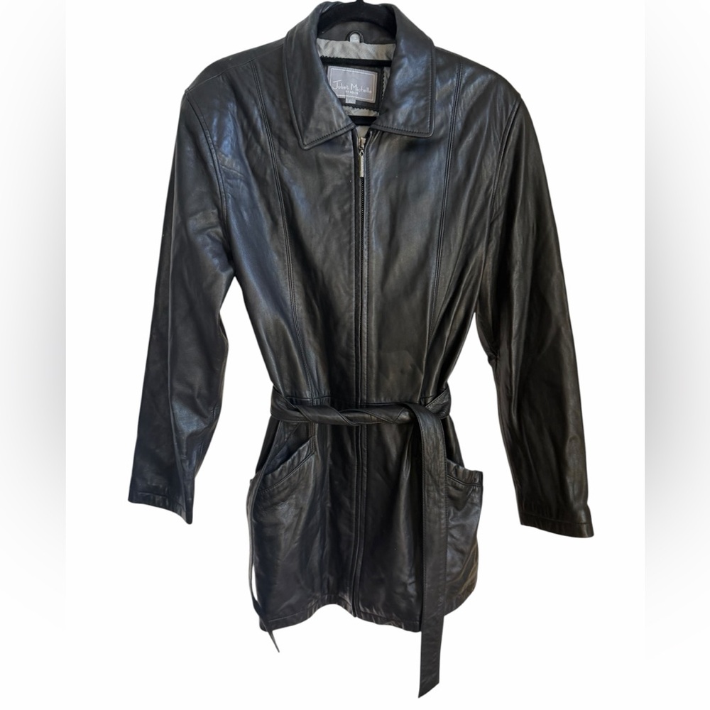 Vintage Black 100% Genuine Leather Belted Jacket Motorcycle Classic 90’s Zipper